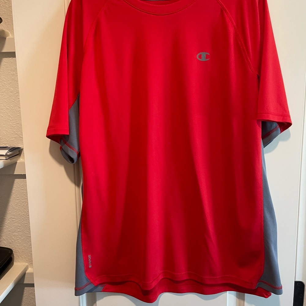 Champion red tee, grey down sides